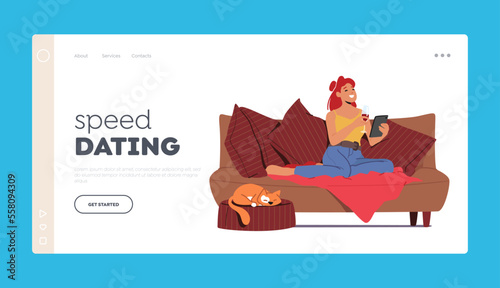 Speed Dating, Online Date, Virtual Relations Landing Page Template. Female Character Sitting on Sofa with Mobile