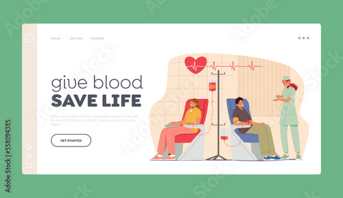 Donors Giving Blood Landing Page Template. Volunteer Characters Sit in Medical Hospital Chairs Donating Lifeblood in Lab