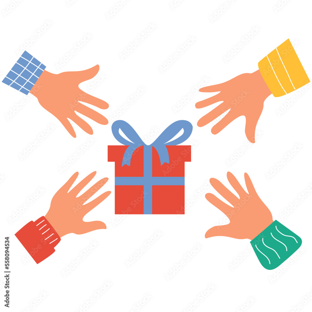 Obraz premium Human hands gifts.Give packed gift.Hand drawn hands up. Isolated on white background.Vector flat illustration.