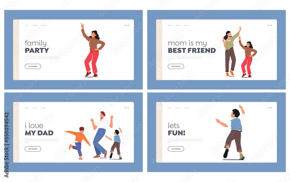 Happy Family Celebrate Home Party Landing Page Template Set. Parents with Children Dance. Mom, Dad and Kids