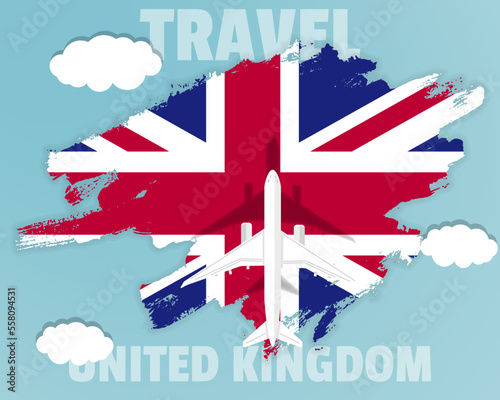 Traveling to United Kingdom, top view passenger plane on United Kingdom flag, country tourism banner idea
