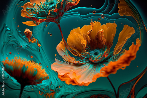 beautiful abstract flower fluid art bold colors, graphic design wallpaper background © roeum