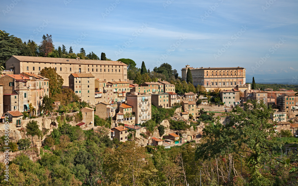Caprarola, Viterbo, Lazio, Italy: landscape of the old town with the ancient buildings Villa Farnese and the former stables