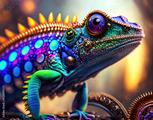 Colorful steampunk iguana, AI generated