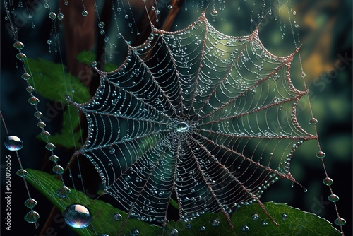 a close up of a spider web on a leaf with water droplets on it and a forest in the background with trees and leaves in the background.