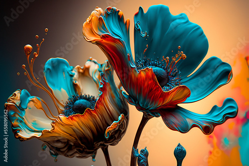 Colorful abstract flower fluid art bold colors, graphic design wallpaper background
