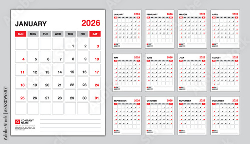 Calendar 2026 week start sunday, desk calendar 2026 design vector, Set of 12 calendar, wall calendar 2026 design, Poster, planner, advertisement, printing media, corporate design template vector.
