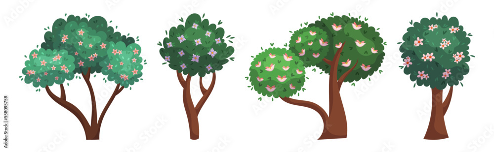 Naklejka premium Set of Cartoon Blooming Trees and Bushes. Forest And Garden Landscape Elements with Spring or Summer Foliage and Flowers