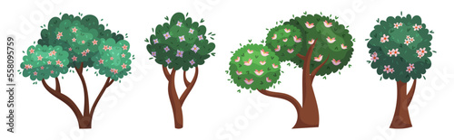 Set of Cartoon Blooming Trees and Bushes. Forest And Garden Landscape Elements with Spring or Summer Foliage and Flowers
