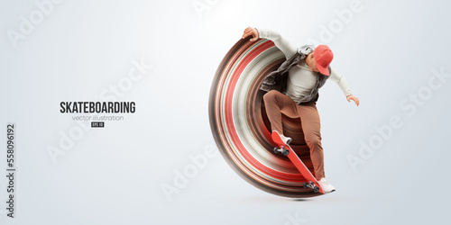 Realistic silhouette of a skateboarder on white background. The skateboarder man is doing a trick. Street skateboarding. Vector illustration