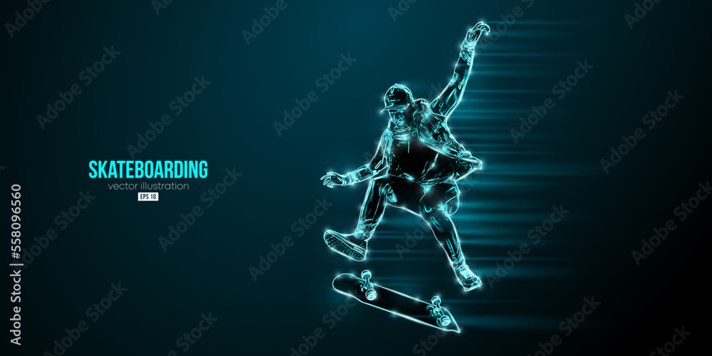 Abstarct silhouette of a skateboarder on black background. The skateboarder man is doing a trick. Street skateboarding. Vector illustration