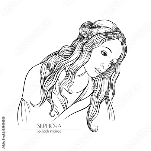 Portrait of a woman inspired by a painting by Renaissance artist Botticelli. Outline hand drawing vector illustration. photo