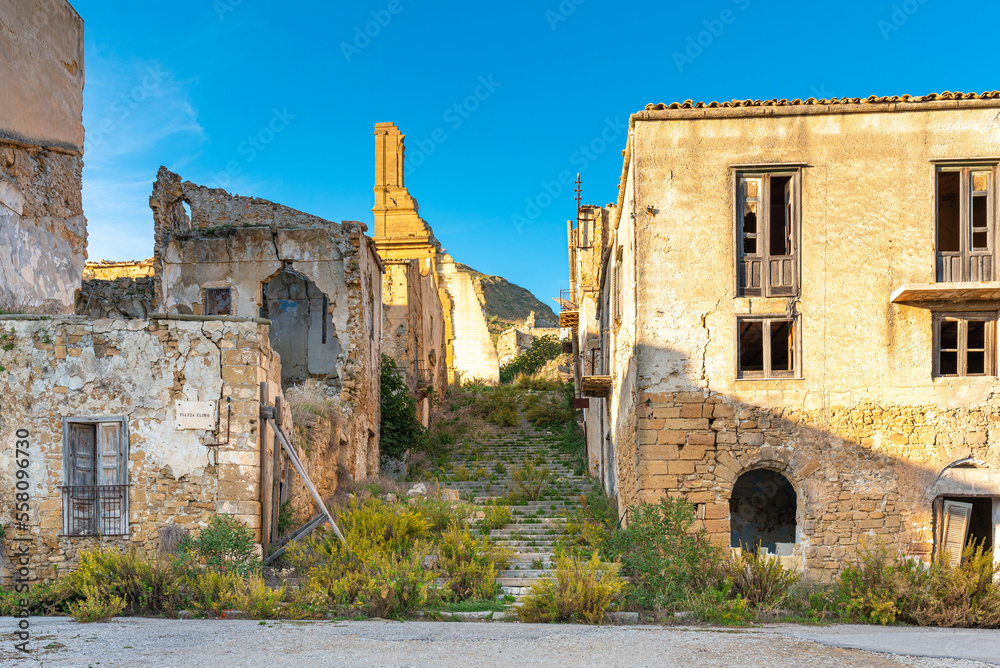 Poggioreale is a ghost town in the west of Sicily. The Belice Valley earthquake destroyed the entire town and killed 200 people in 1968. Shrubs overgrown the ruins today