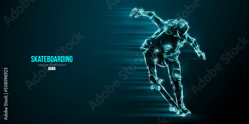 Abstarct silhouette of a skateboarder on black background. The skateboarder man is doing a trick. Street skateboarding. Vector illustration