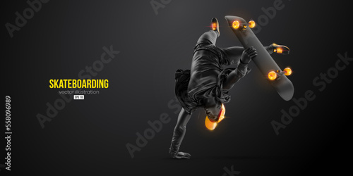 Abstarct silhouette of a skateboarder on black background. The skateboarder man is doing a trick. Street skateboarding. Vector illustration