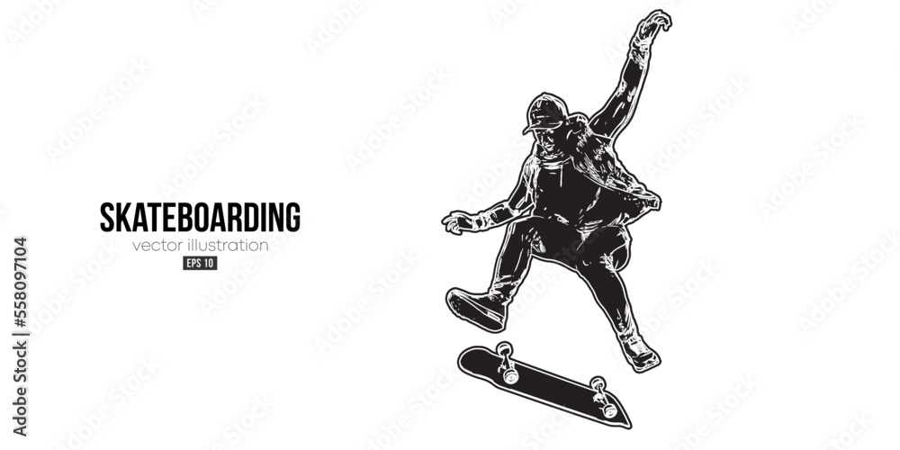 Abstarct silhouette of a skateboarder on white background. The skateboarder man is doing a trick. Street skateboarding. Vector illustration Abstarct silhouette of a skateboarder on white background. The skateboarder man is doing a trick. Street skateboarding. Vector illustration