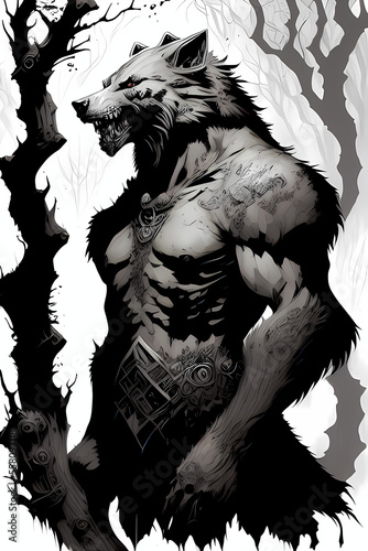 A fantasy board game card/colouring book page: Werewolf. Half man and half wolf beast. Lycanthrope. AI-generated photo