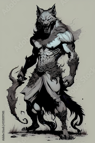 A fantasy board game card/colouring book page: Werewolf. Half man and half wolf beast. Lycanthrope. AI-generated photo