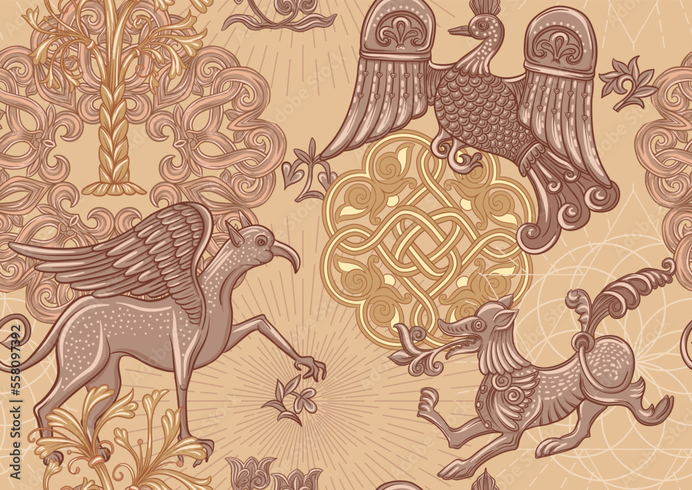 Byzantine traditional historical motifs of animals, birds, flowers and plants. Seamless pattern in kraft and beige colors. Vector illustration.