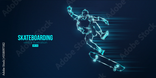 Abstarct silhouette of a skateboarder on blue background. The skateboarder man is doing a trick. Street skateboarding. Vector illustration