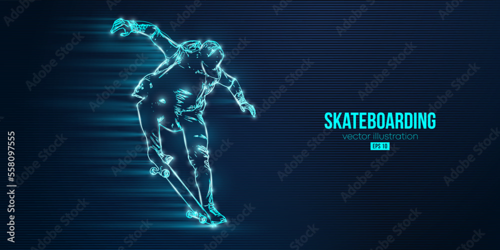 Abstarct silhouette of a skateboarder on blue background. The skateboarder man is doing a trick. Street skateboarding. Vector illustration
