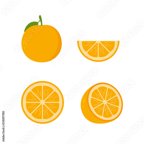 Set of oranges. Orange slices. Fresh orange isolated on white background. Vector illustration.	