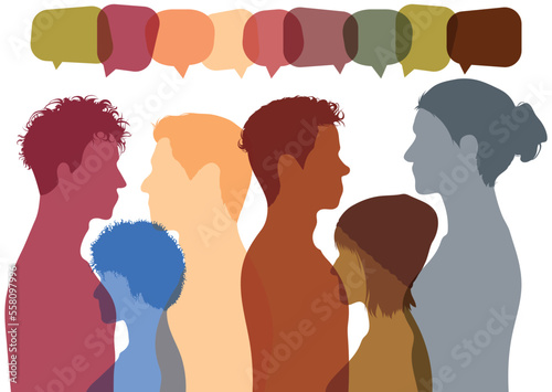People who speak different languages from different ethnicities and cultures. People of different races communicating with each other. Vector. Communicate via social networks. Speech bubbles. 