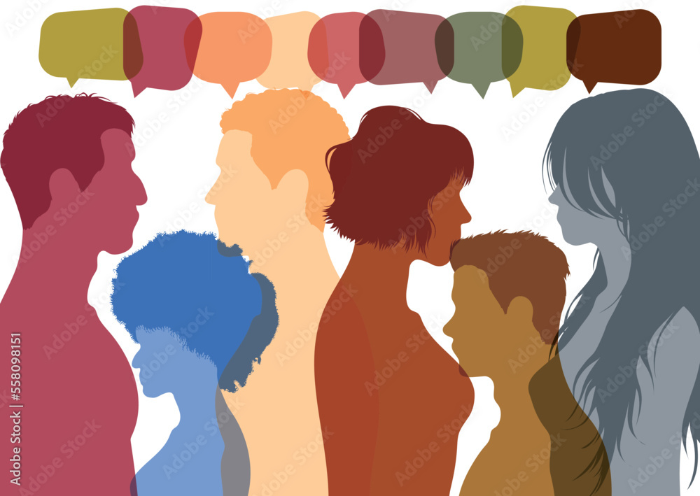 Business people with speech bubbles from different cultures. An expression of opinions, evaluations, and feedback. Vector Illustration. Conversation and communication among diverse groups. 