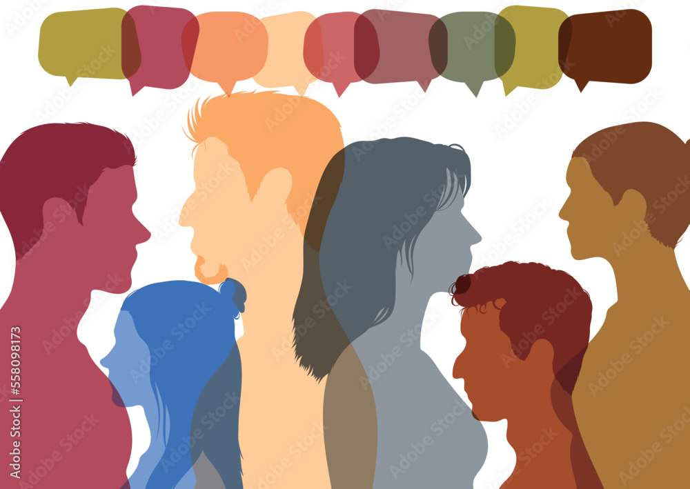 Concept of community. Social networks provide a means of communication and information sharing. Vector Illustration. People in profile talking and interacting in a speech bubble.