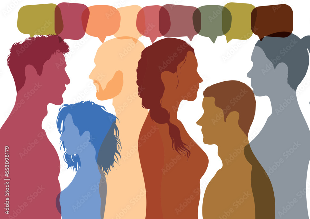 Group of people from diverse backgrounds engaged in dialogue. Conversations and profiles in a crowd. Vector Illustration. An example of a speech bubble and communication between people.