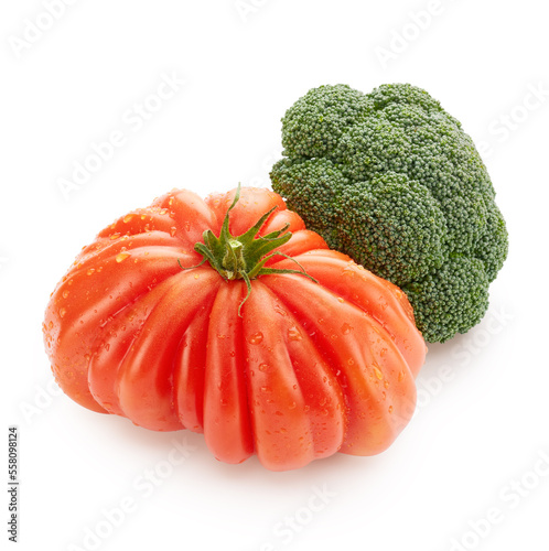 Fresh vegetables arrangement. Tomato and broccoli isolated on white background. Healthy food concept