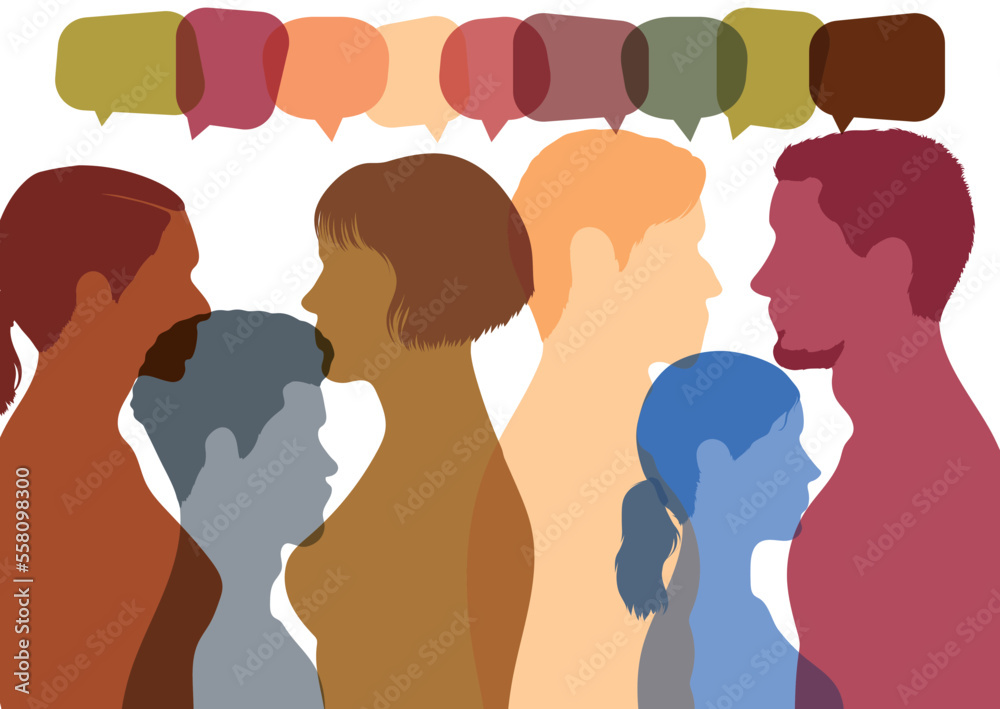 People share ideas and communicate with each other. Vector Illustration. Multiethnic and multicultural people talking and dialoguing in a crowd.