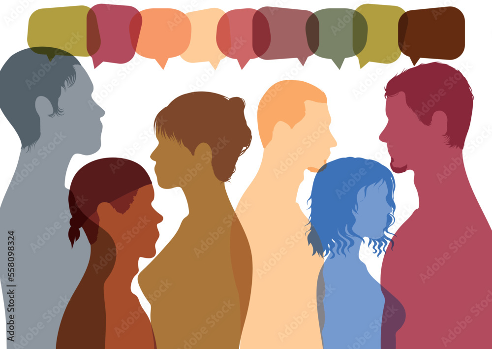 Using social networking to communicate. People conversing with each other. Profile with multiple colours. Vector Illustration. Group of people talking, with speech bubbles in the background. 