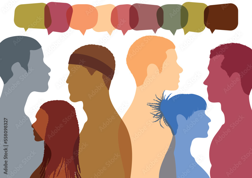 Multiethnic people are represented by speech bubbles and dialogues. Vector Illustration. Using social networks and communicating. Communicating across cultures and socialising.

