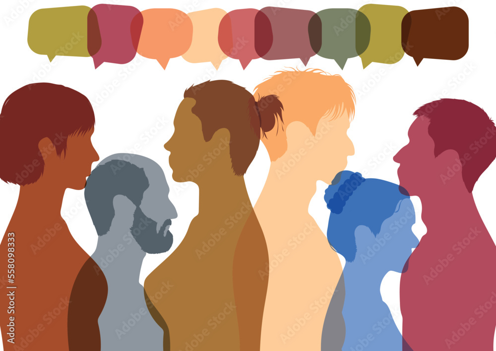Share ideas and communicate among multiethnic and multicultural people. Vector Illustration. Dialogue and information exchange. Speech bubbles.