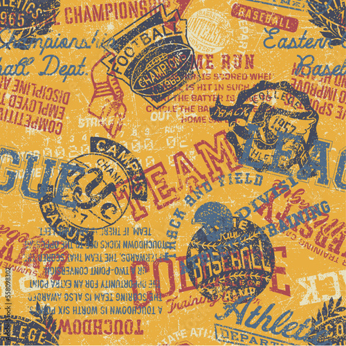 College athletics badges and symbols grunge patchwork vector seamless pattern