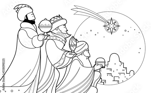 Fényképezés Three magi, Three kings, Three Wise Men cartoon outline vector illustration for coloring book page