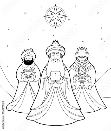 Photo Three Wise men, three magi outline vector illustration for coloring book page for children