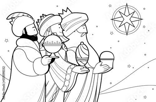 Three wise men outline vector coloring book page for children. Line art, line drawn cartoon magi with gifts. Celebration of nativity or epiphany. Melchior, Caspar and Balthasar portraits.