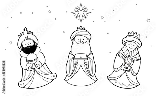 Epiphany celebration outline vector illustration coloring book page for children.Three Wise Men, Three Kings, Magi coloring page drawing. Cute line art cartoon characters. Melchior, Caspar, Balthazar.