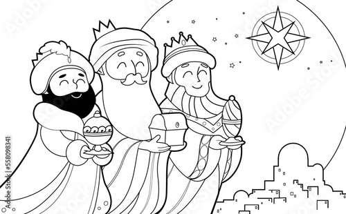 Foto Three Wise Men cartoon characters outline vector drawing for children coloring book page