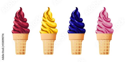 Set of ice cream cone on the white background. Vector illustration for cafe menu, cover, flyer, banner, poster.