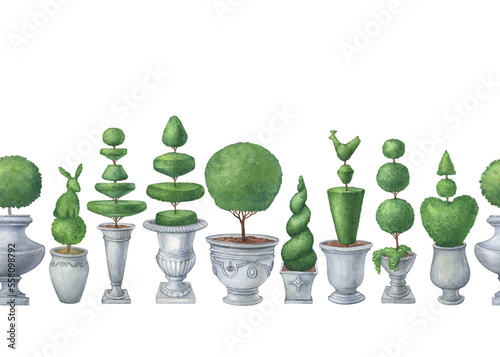 Seamless pattern, border, frame with topiary plant, evergreen trimmed geometric shrubs. Tree in grey pot for home patio dekor. Hand drawn watercolor painting illustration isolated on white background photo