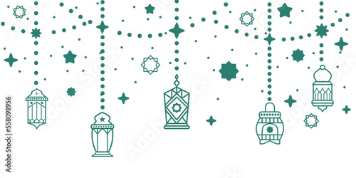 Ramadan hanging lanterns and lamps  with star, crescent moon and arabian decoration. Traditional islamic lanterns.
