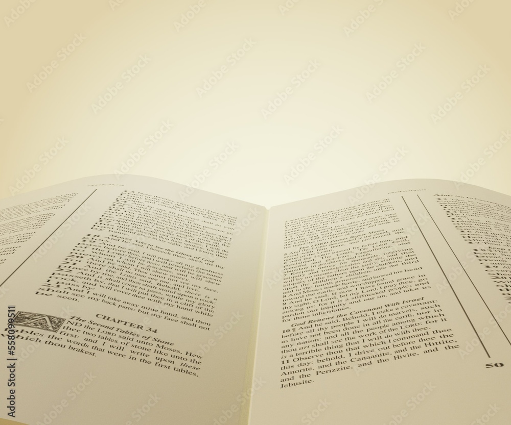 Fototapeta premium Open bible with the light as God's ray Part of exodus the second book of Moses 3d rendering