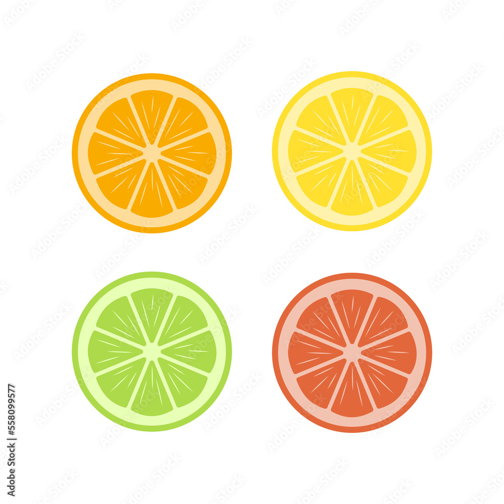 Obraz premium Set of citrus fruits. Orange, lemon, lime, grapefruit slices. Vector illustration. 