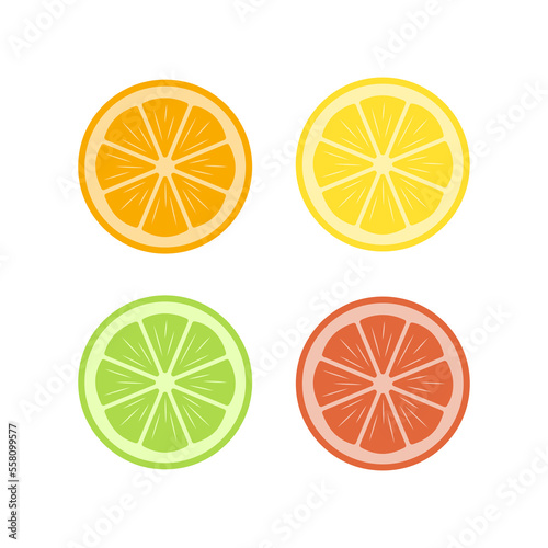 Set of citrus fruits. Orange, lemon, lime, grapefruit slices. Vector illustration. 