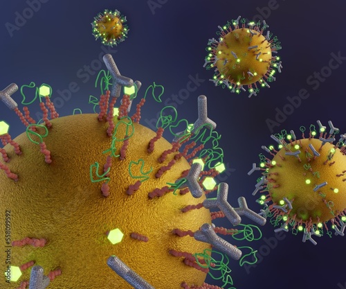 The gold nanoparticle conjugates antibodies, proteins, peptides, ligands, linker, polymers and biosensor 3d rendering photo