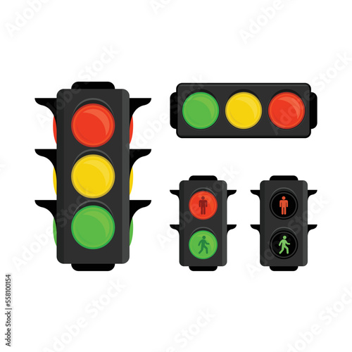 Set of pedestrian and traffic lights different types. Traffic light to regulate the movement of cars. Vector illustration EPS 10.