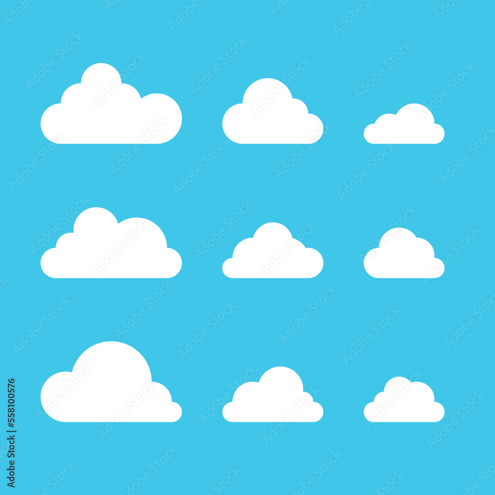 Set of Cloud Icons isolated on blue background. Abstract white cloudy set. Cloud symbol in flat style, for your web site design, logo, app, UI. Vector EPS 10. Set of Cloud Icons isolated on blue background. Abstract white cloudy set. Cloud symbol in flat style, for your web site design, logo, app, UI. Vector EPS 10.